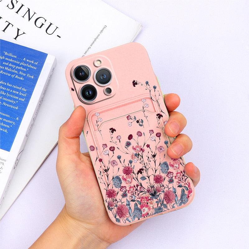 Charming Silicone Soft Anti-Scratch Cases For iPhone 13 Pro Max Case Silicone Wallet Card Holder Cover For iPhone 13 Mini 13ProMax 13Pro Flower Butterfly Beautiful Design Card Holder iPhone Case