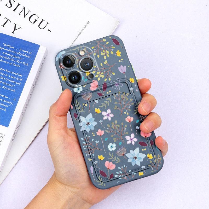 Charming Silicone Soft Anti-Scratch Cases For iPhone 13 Pro Max Case Silicone Wallet Card Holder Cover For iPhone 13 Mini 13ProMax 13Pro Flower Butterfly Beautiful Design Card Holder iPhone Case