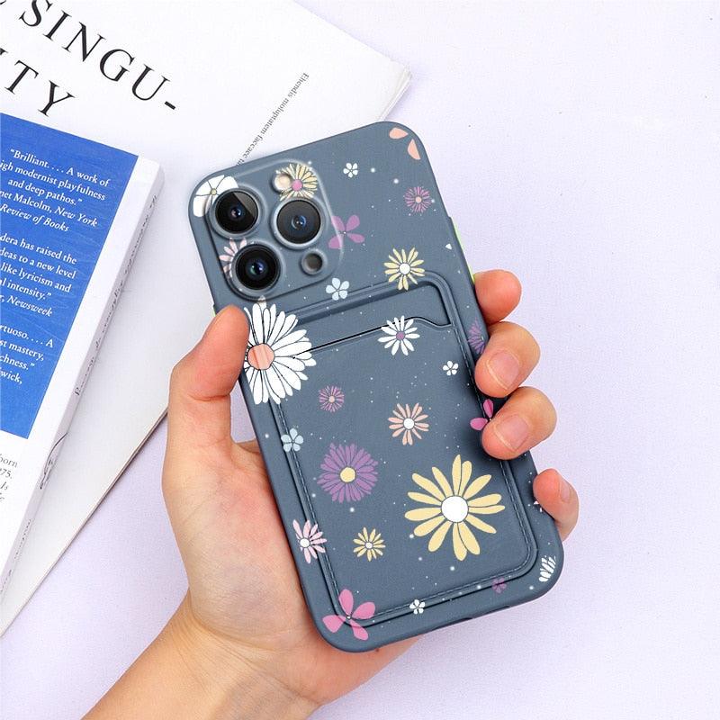 Charming Silicone Soft Anti-Scratch Cases For iPhone 13 Pro Max Case Silicone Wallet Card Holder Cover For iPhone 13 Mini 13ProMax 13Pro Flower Butterfly Beautiful Design Card Holder iPhone Case
