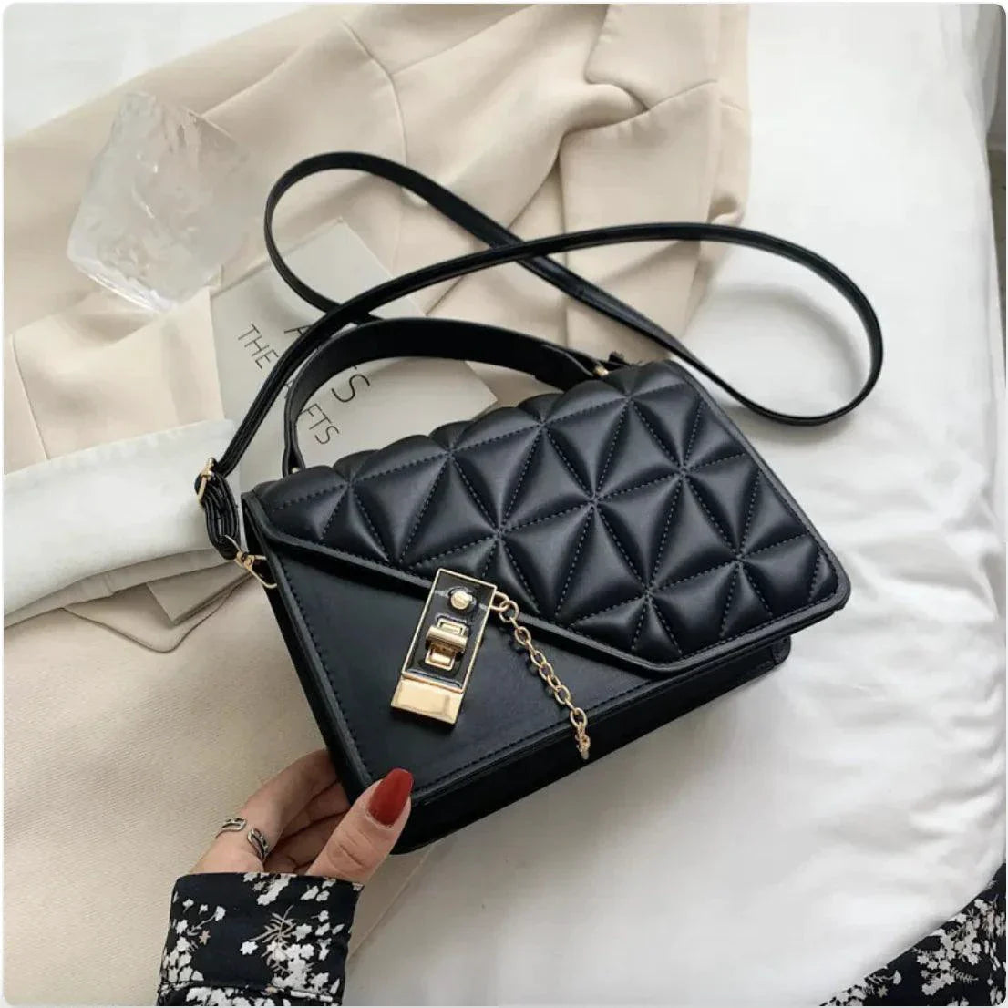 MANDOTOS Rhombus Pattern PU Leather Shoulder Bag 22 14 7 Cm Black Compact Messenger With Zipper Closure