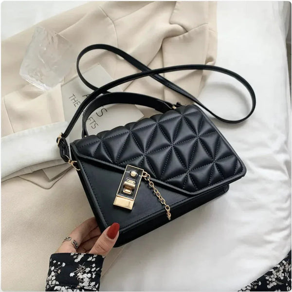 MANDOTOS Rhombus Pattern PU Leather Shoulder Bag 22 14 7 Cm Black Compact Messenger With Zipper Closure