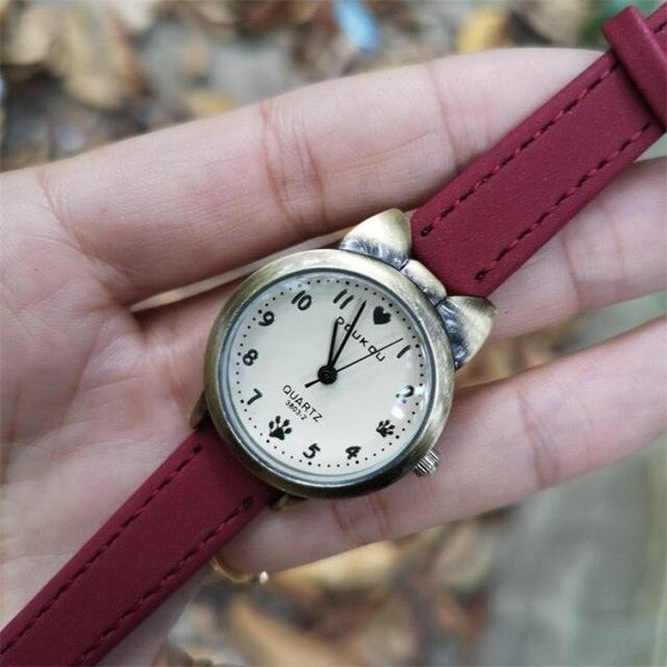 Children Retro Case Design Cute Cat Kids Watch Quartz Analog Children Watches Minimalist Dress Fashion Quartz Luxury Round Leather Strap Slim Women Watches