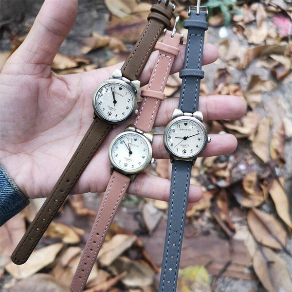 Children Retro Case Design Cute Cat Kids Watch Quartz Analog Children Watches Minimalist Dress Fashion Quartz Luxury Round Leather Strap Slim Women Watches
