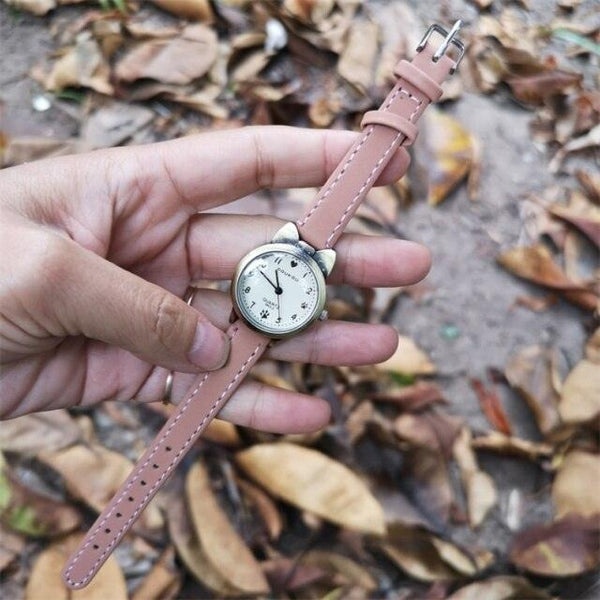 Children Retro Case Design Cute Cat Kids Watch Quartz Analog Children Watches Minimalist Dress Fashion Quartz Luxury Round Leather Strap Slim Women Watches