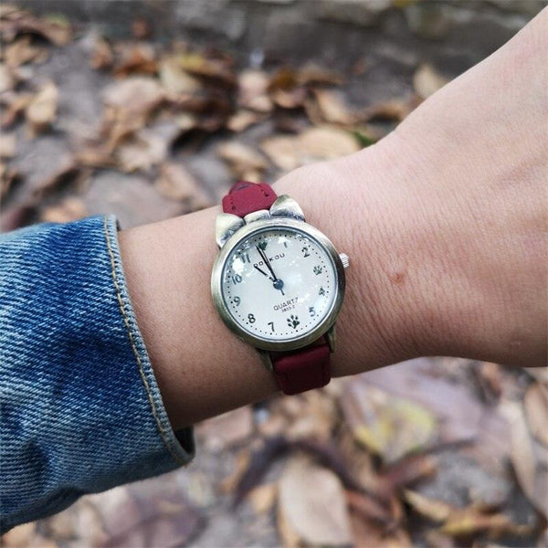 Children Retro Case Design Cute Cat Kids Watch Quartz Analog Children Watches Minimalist Dress Fashion Quartz Luxury Round Leather Strap Slim Women Watches