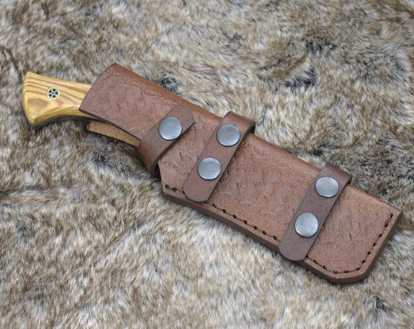 Chimera Damascus Steel Engraved Knife with Exotic Olive Wood Handle