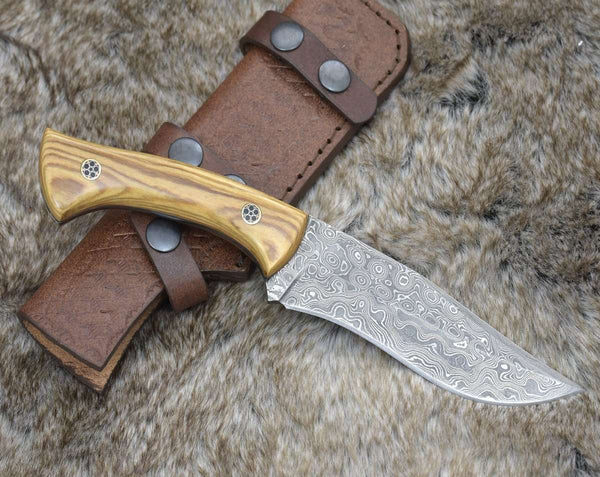 Chimera Damascus Steel Engraved Knife with Exotic Olive Wood Handle