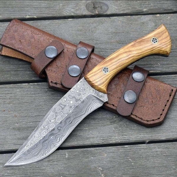 Chimera Damascus Steel Engraved Knife with Exotic Olive Wood Handle - Gifts for You 'n Me