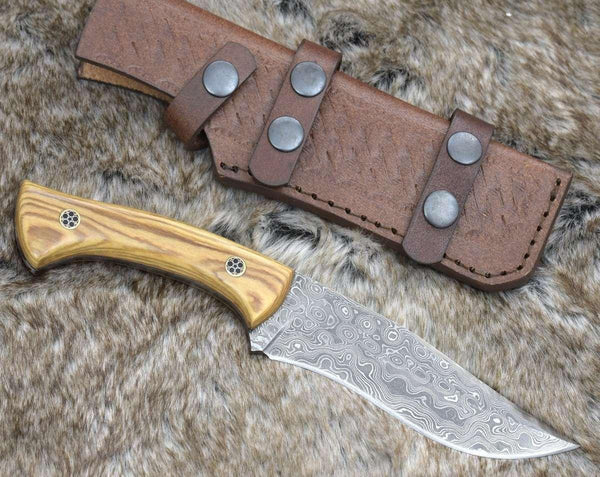 Chimera Damascus Steel Engraved Knife with Exotic Olive Wood Handle - Gifts for You 'n Me