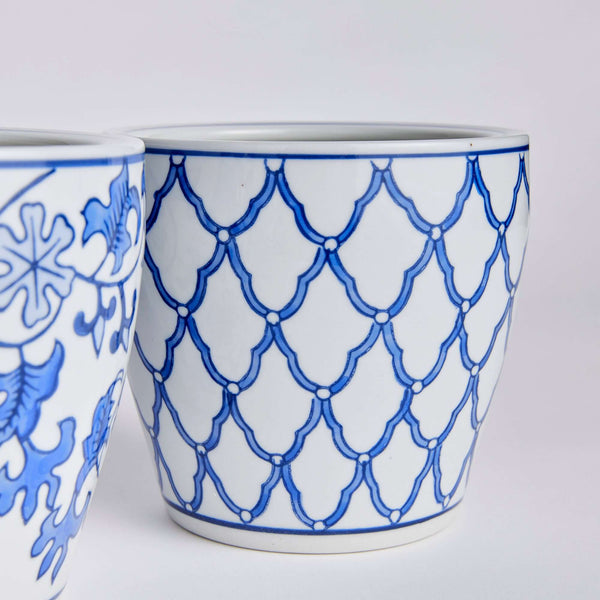 Chinoiserie Blue and White Pots with Floral and Geometric Patterns (Set of 4)