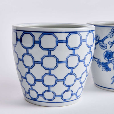 Chinoiserie Blue and White Pots with Floral and Geometric Patterns (Set of 4)