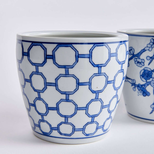 Chinoiserie Blue and White Pots with Floral and Geometric Patterns (Set of 4)