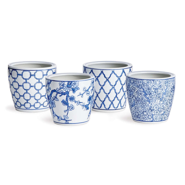 Chinoiserie Blue and White Pots with Floral and Geometric Patterns (Set of 4)