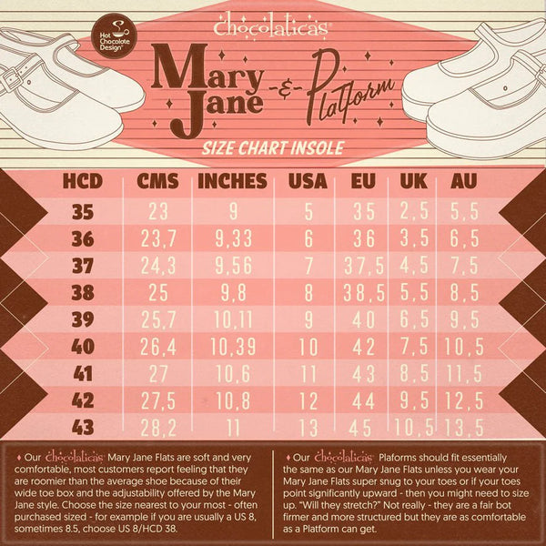 Chocolaticas Mary Jane and Platform size chart on a pink background with shoe illustrations.