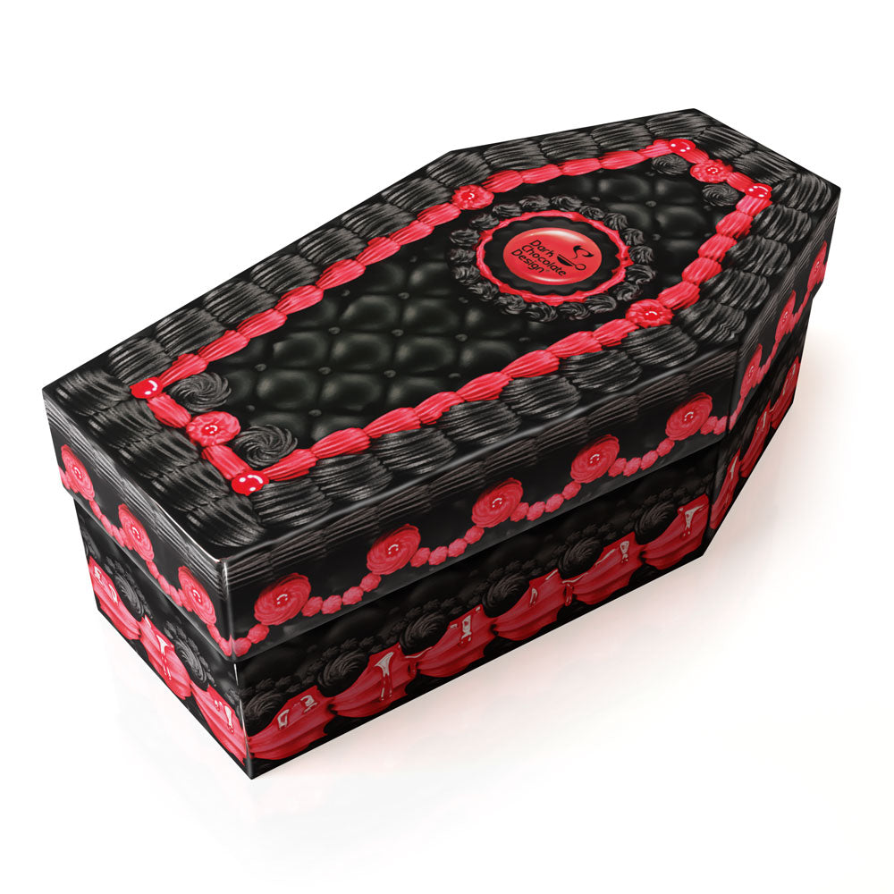 Chocolaticas Black coffin-shaped box with red accents on a white background