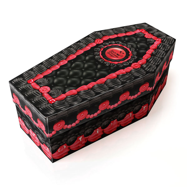 Chocolaticas Black coffin-shaped box with red accents on a white background