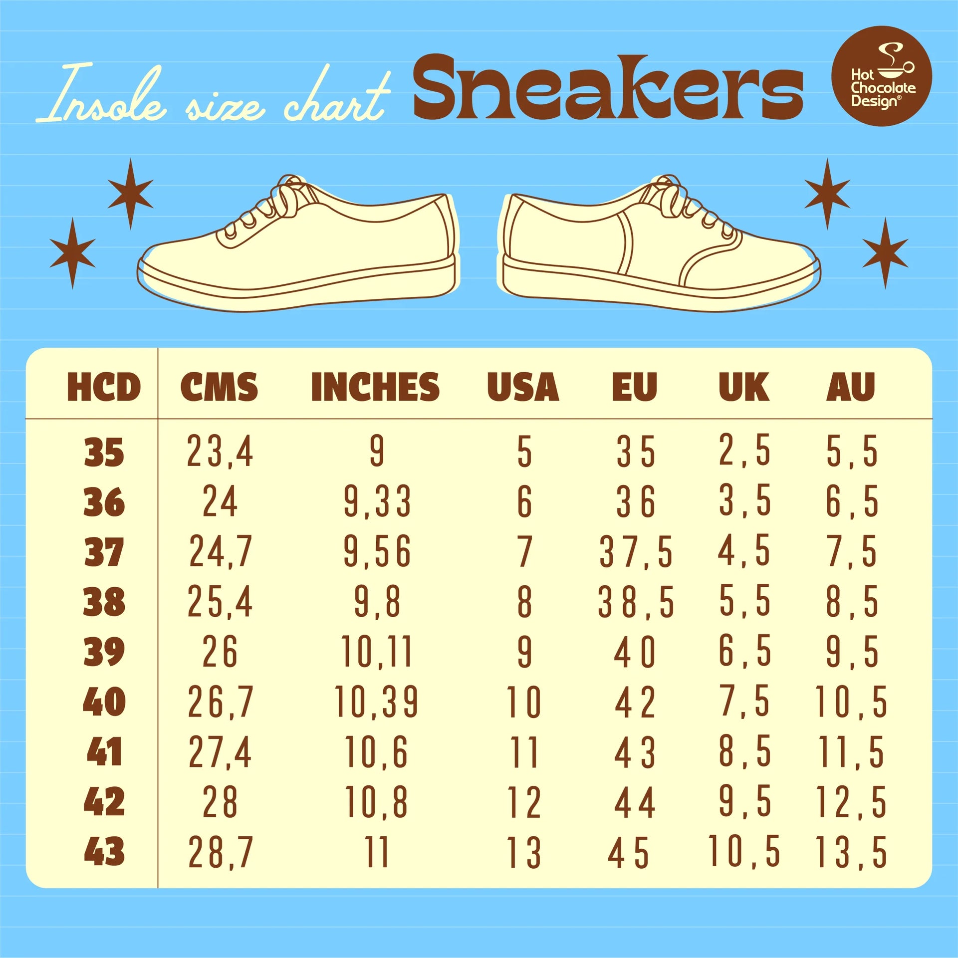 chocolaticas sneakers sizing chart