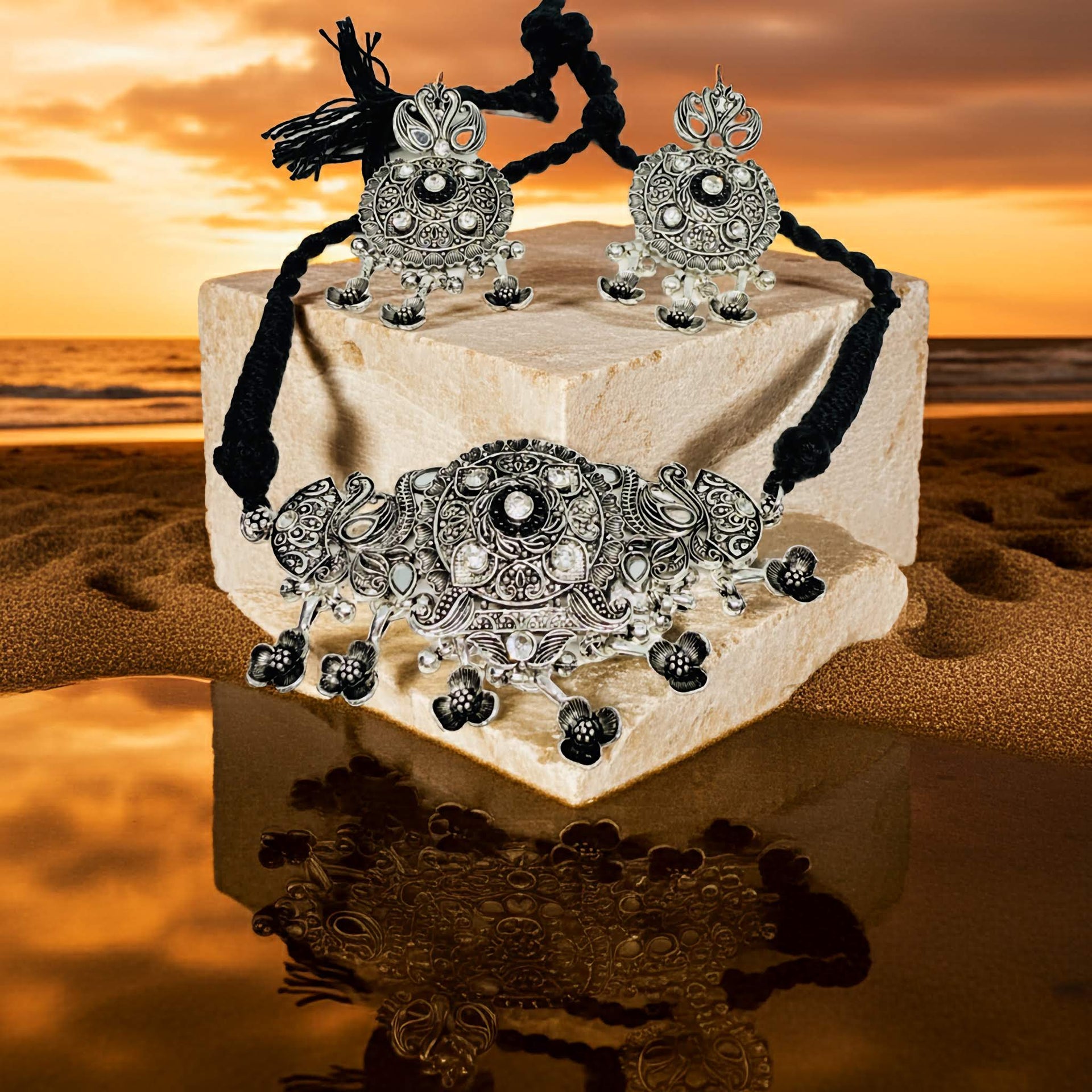 Bohemian Oxidized Choker with Black Flower Charms - Gift for Her LeDeSaRa Lifestyle