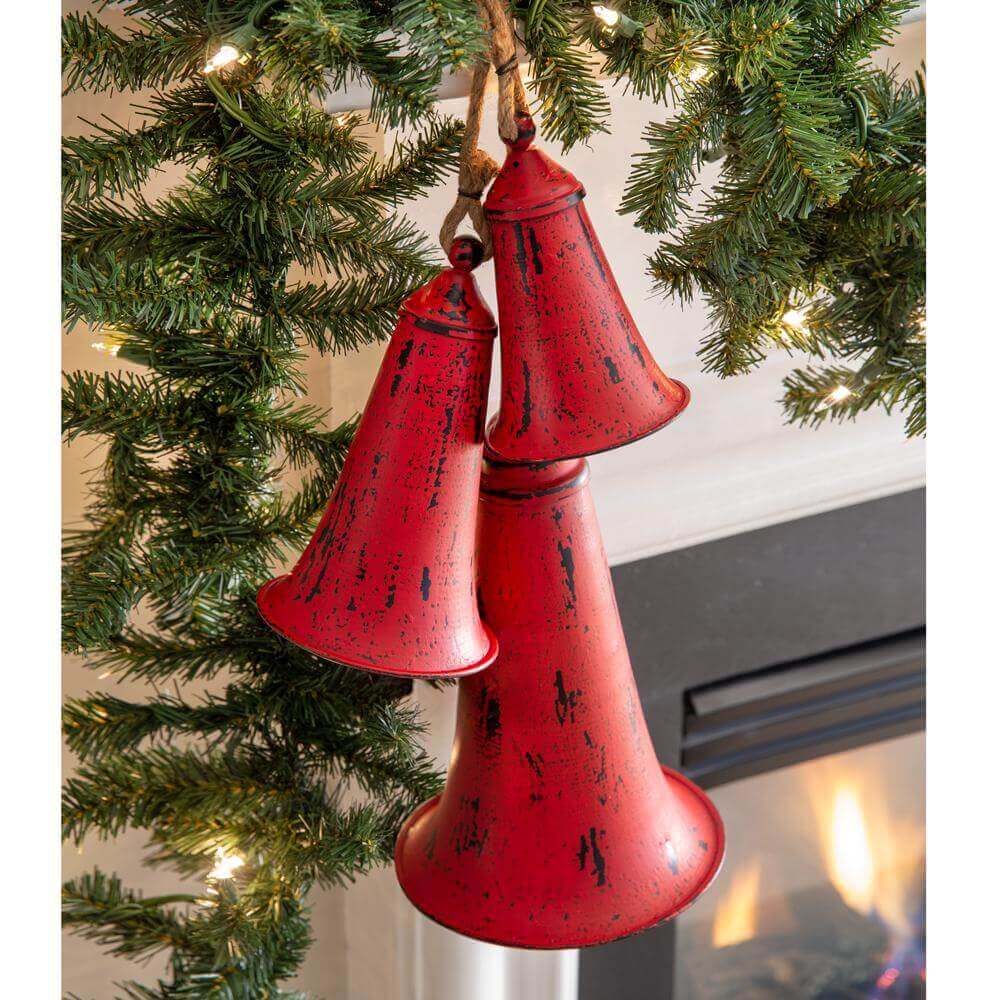 Red Antique Metal Christmas Tree Bells (Set of 3)