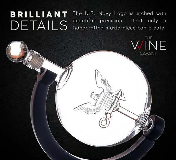 U.S. Navy Globe Whiskey Decanter Set with 4 Liquor Glasses - Navy Veteran Gift Set with Wood Base and 9 Whiskey Stones - Navy Gifts for Men, U.S.A Flag - Bourbon and Scotch Military Gifts for Dad