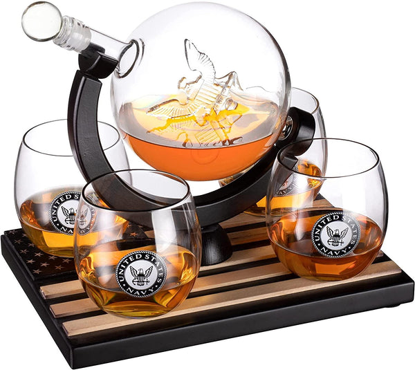 U.S. Navy Globe Whiskey Decanter Set with 4 Liquor Glasses - Navy Veteran Gift Set with Wood Base and 9 Whiskey Stones - Navy Gifts for Men, U.S.A Flag - Bourbon and Scotch Military Gifts for Dad
