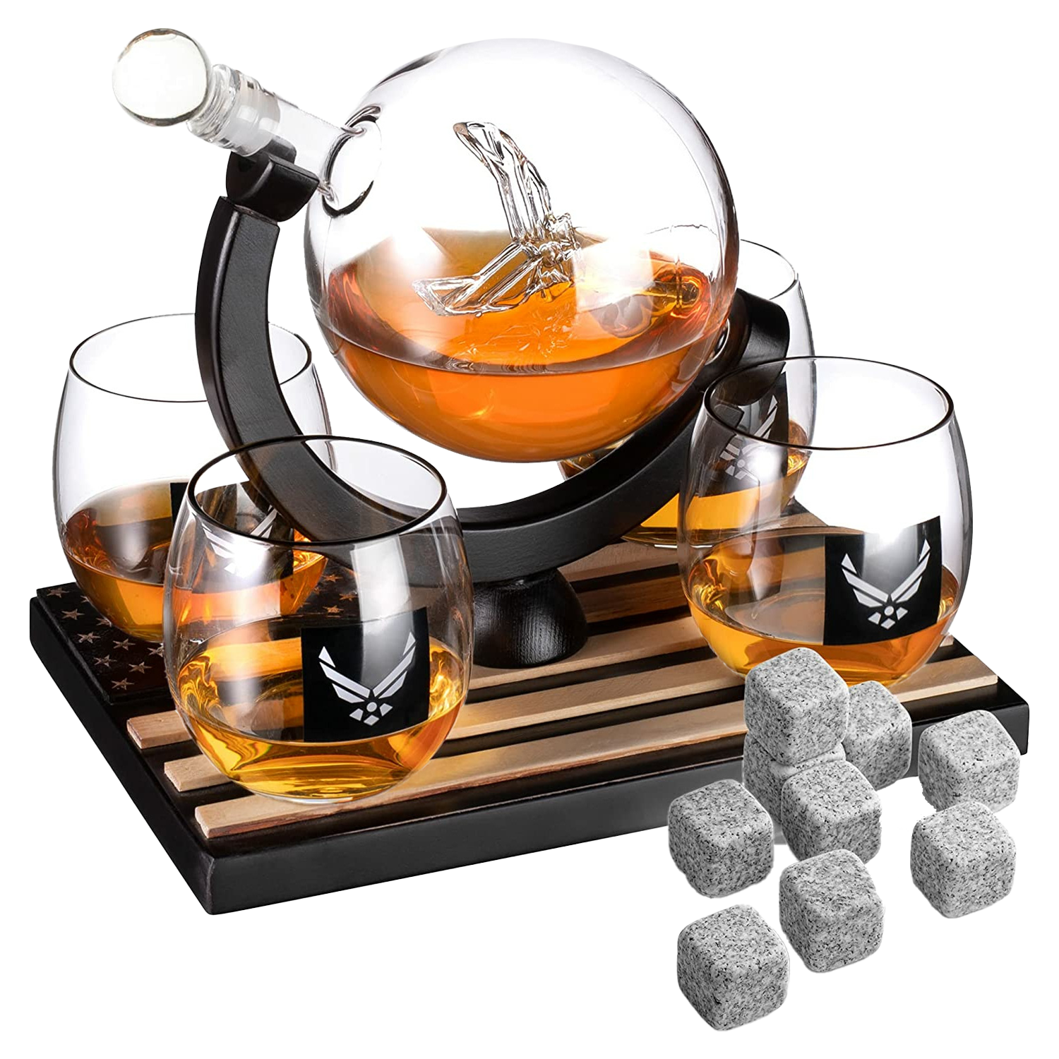 Airforce Whiskey Decanter Set with 4 Liquor Glasses Air Force Whisky Decanter & Glass Set with Wood Base & 9 Whiskey Stones - US Airforce Gifts for Men - Globe Bourbon & Scotch Gifts for Dad
