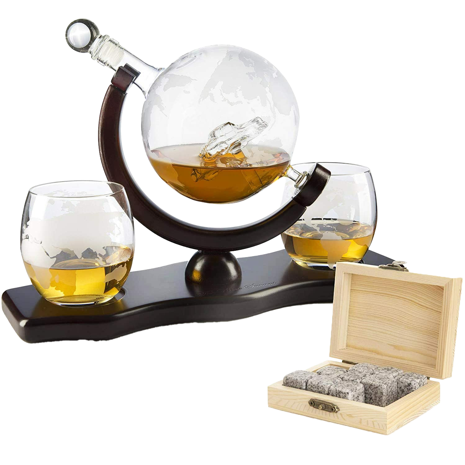 The Wine Savant Globe Car Whiskey Decanter - With 2 Globe Glasses, Includes Whiskey Stones For Whiskey, Scotch, Bourbon or Wine Matching Globe Glasses, HOME BAR DECOR Clear