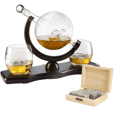 The Wine Savant Globe Car Whiskey Decanter - With 2 Globe Glasses, Includes Whiskey Stones For Whiskey, Scotch, Bourbon or Wine Matching Globe Glasses, HOME BAR DECOR Clear