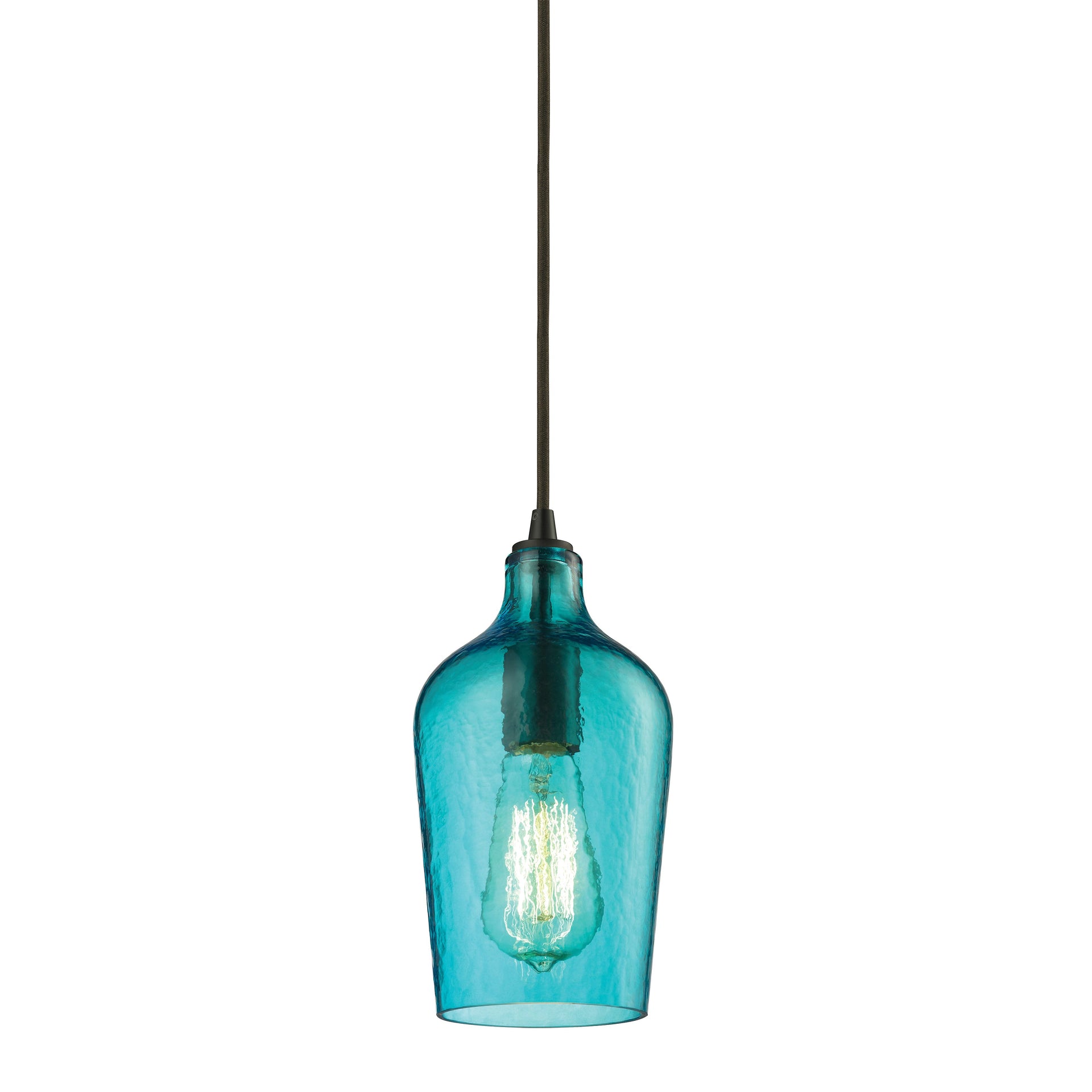 Hammered Glass 5'' Wide 1-Light Mini Pendant - Oil Rubbed Bronze with Aqua