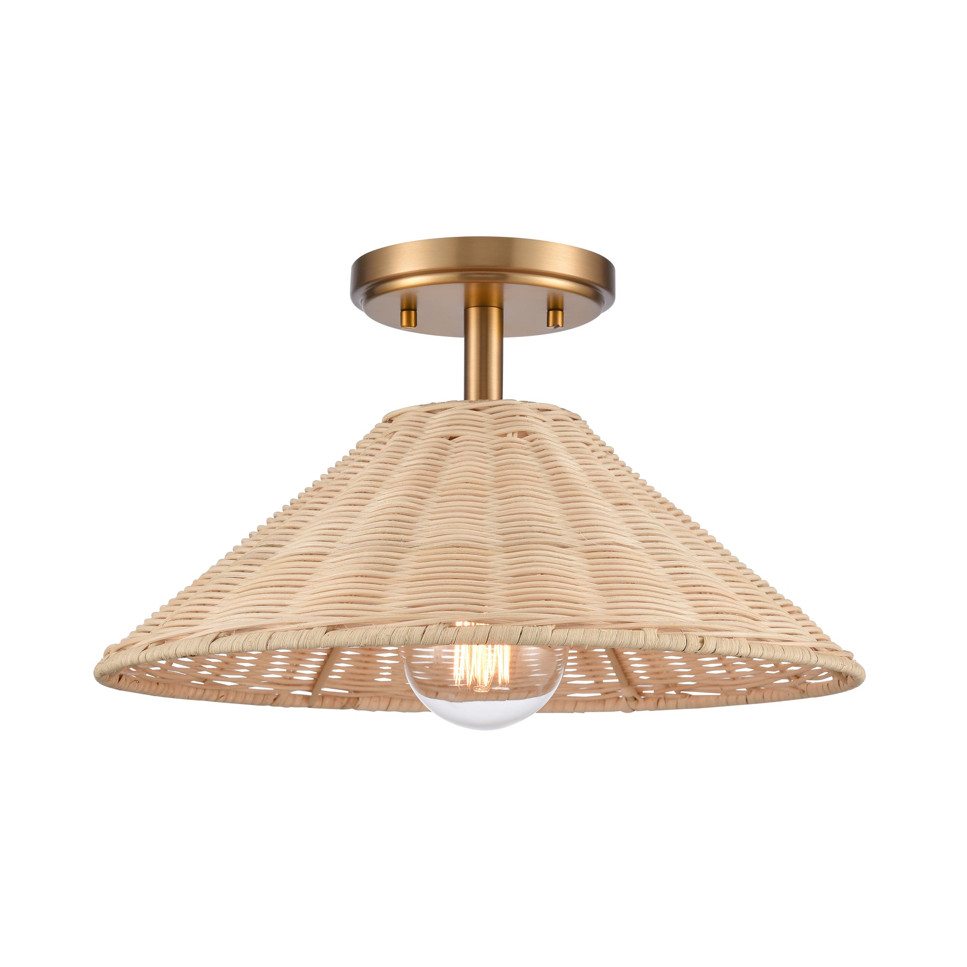 Rydell 14'' Wide 1-Light Semi Flush Mount - Brushed Gold and Rattan