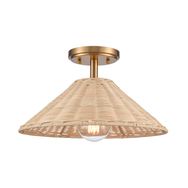 Rydell 14'' Wide 1-Light Semi Flush Mount - Brushed Gold and Rattan