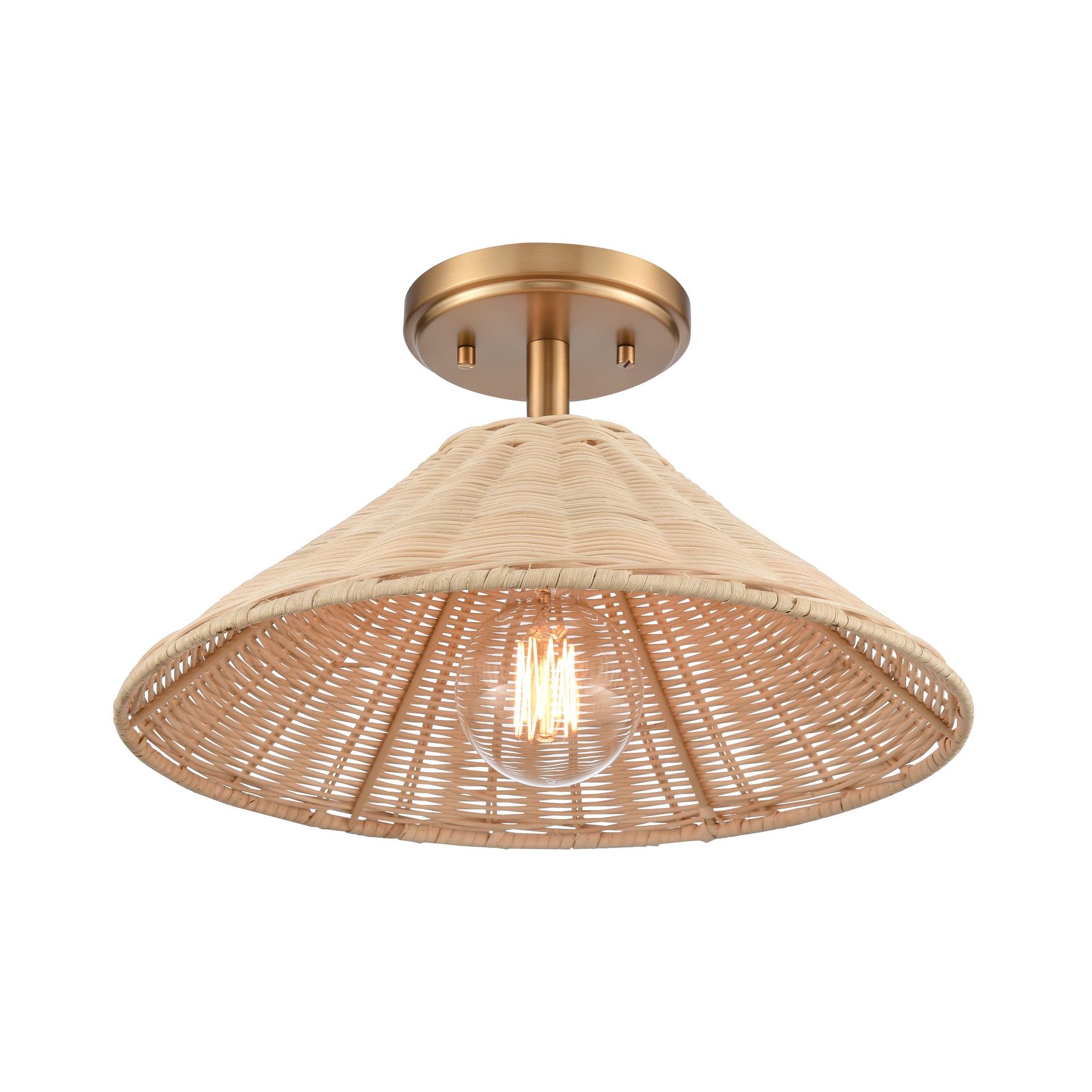 Rydell 14'' Wide 1-Light Semi Flush Mount - Brushed Gold and Rattan