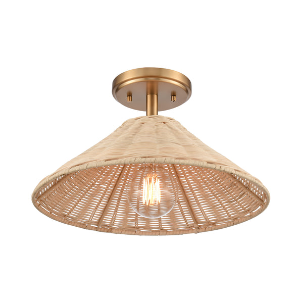 Rydell 14'' Wide 1-Light Semi Flush Mount - Brushed Gold and Rattan