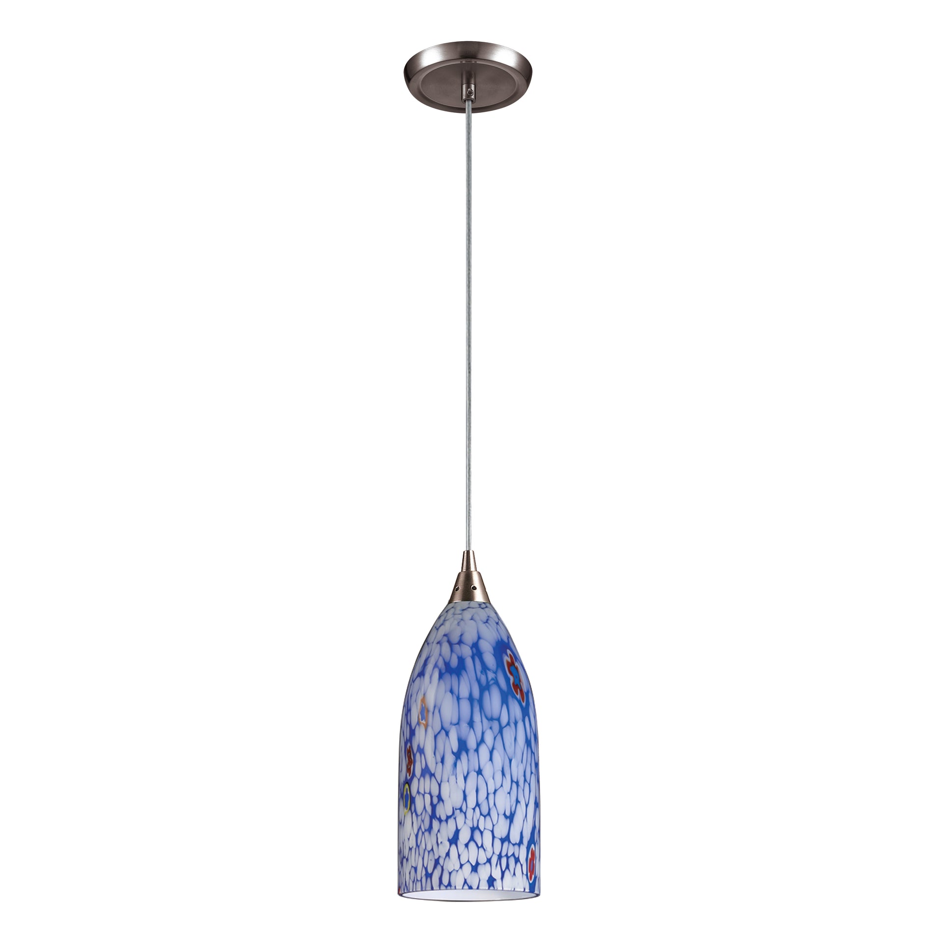 Verona 5'' Wide 1-Light Mini Pendant - Satin Nickel with Starburst Blue Glass