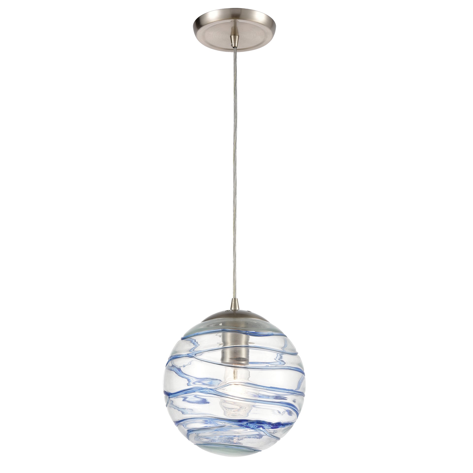 Vines 8'' Wide 1-Light Mini Pendant - Satin Nickel with Blue Glass
