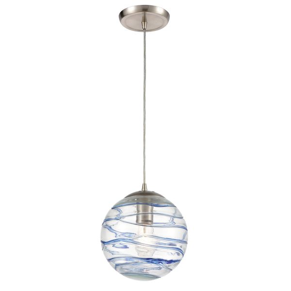 Vines 8'' Wide 1-Light Mini Pendant - Satin Nickel with Blue Glass