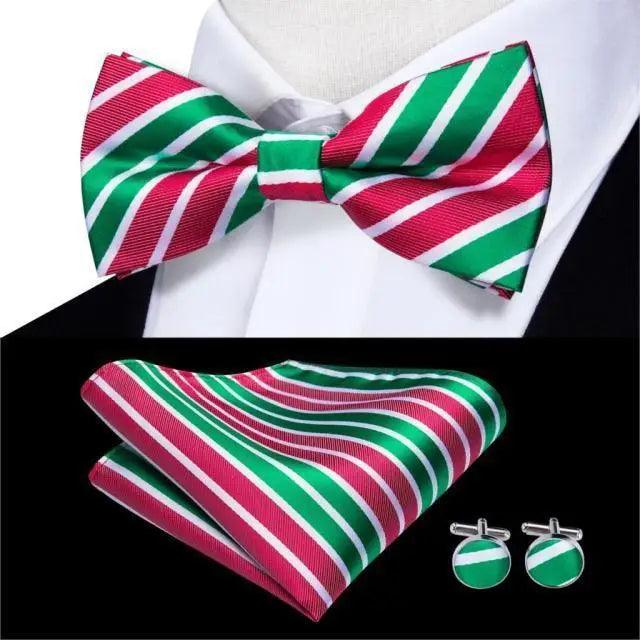 Classic Green Bow Ties Men Silk Butterfly Tie  With Pocket Square And Cufflinks Set For Men Elegant Design Wedding Party Bowties Solid Color Gentleman Bow Tie And Pocket Square Cufflink Set