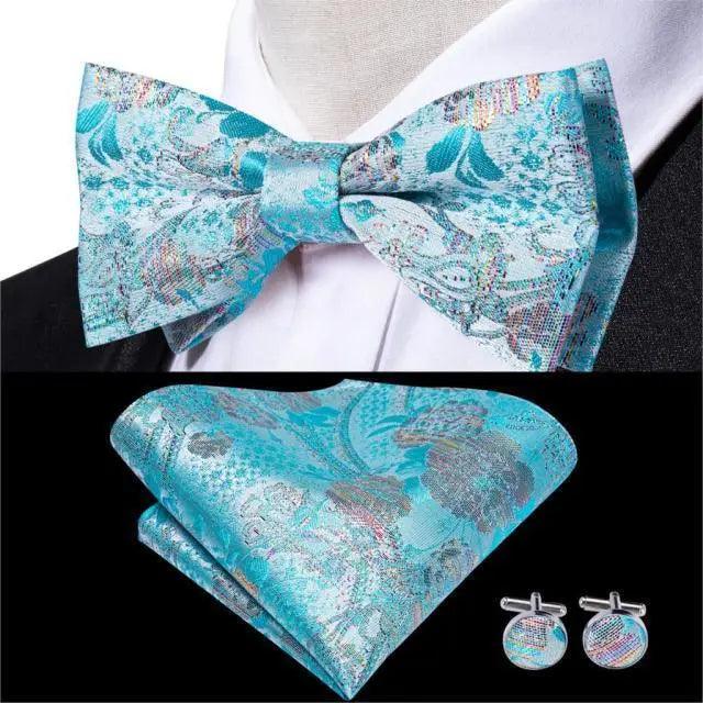 Classic Green Bow Ties Men Silk Butterfly Tie  With Pocket Square And Cufflinks Set For Men Elegant Design Wedding Party Bowties Solid Color Gentleman Bow Tie And Pocket Square Cufflink Set