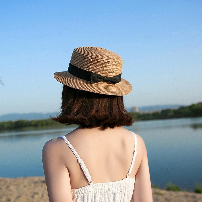 Classic Simple Female Hat For Summer Beach Hat Casual Lady Summer Solid Color Straw Hat Women Elegant Hat Traveling Hats UV Protection Sun Cap Women Flat Bowknot Design Cute Cap Girls Hat 56-58cm