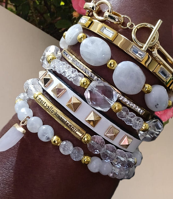 Clear Quartz and Moonstone Stacked Bracelet set