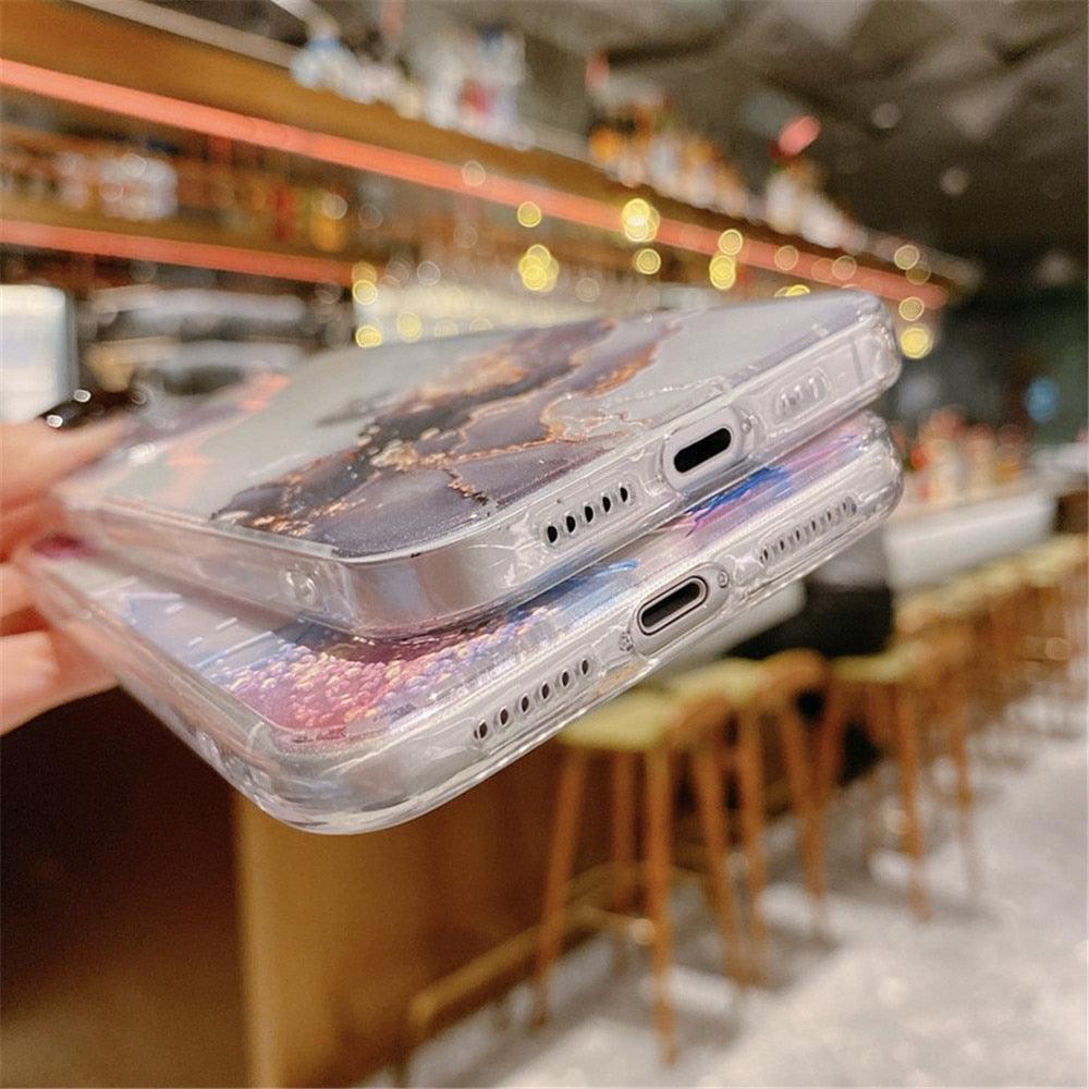 Clear Watercolor Marble Texture Phone Case For iPhone 11 Pro Max 11 Mini X XR XS Max 7 8 6s Plus Soft Back Cover Gold-Plated Silicone Mobile Phone Case Bumper Scratch-Resistant Protective Case