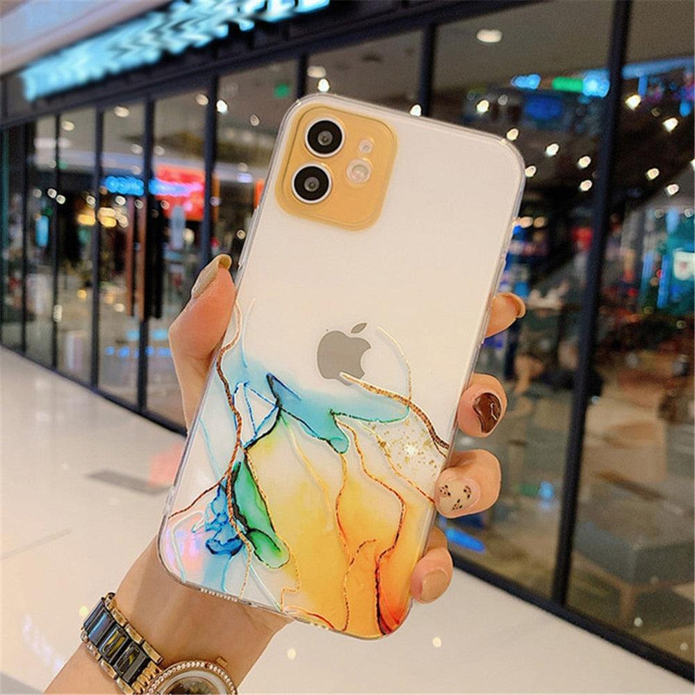 Clear Watercolor Marble Texture Phone Case For iPhone 11 Pro Max 11 Mini X XR XS Max 7 8 6s Plus Soft Back Cover Gold-Plated Silicone Mobile Phone Case Bumper Scratch-Resistant Protective Case