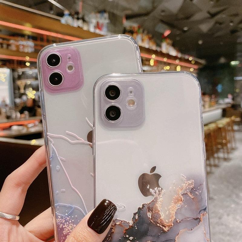 Clear Watercolor Marble Texture Phone Case For iPhone 11 Pro Max 11 Mini X XR XS Max 7 8 6s Plus Soft Back Cover Gold-Plated Silicone Mobile Phone Case Bumper Scratch-Resistant Protective Case