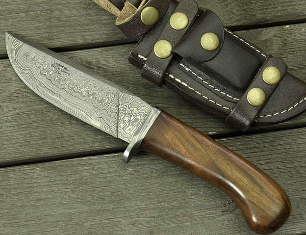 Clemence Damascus Engraved Hunting Knife with Exotic Rose Wood handle & Sheath - Gifts for You 'n Me
