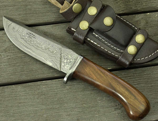 Clemence Damascus Engraved Hunting Knife with Exotic Rose Wood handle & Sheath