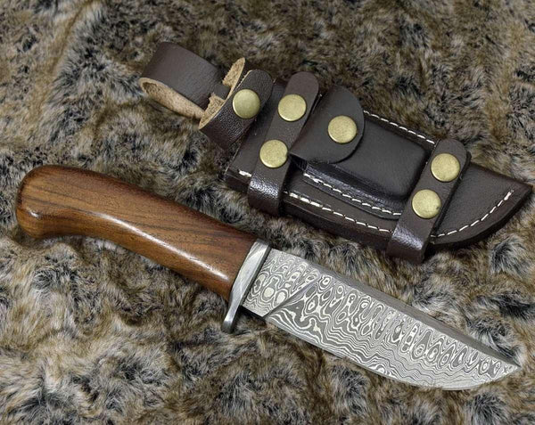 Clemence Damascus Engraved Hunting Knife with Exotic Rose Wood handle & Sheath - Gifts for You 'n Me