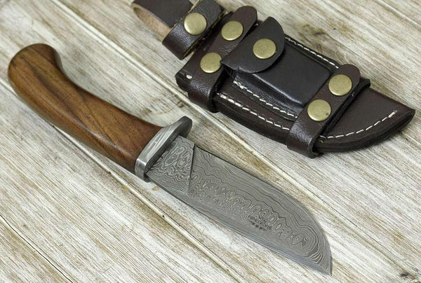 Clemence Damascus Engraved Hunting Knife with Exotic Rose Wood handle & Sheath - Gifts for You 'n Me