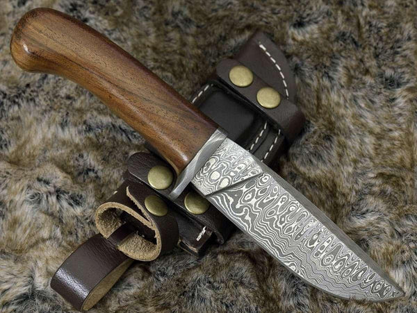 Clemence Damascus Engraved Hunting Knife with Exotic Rose Wood handle & Sheath - Gifts for You 'n Me