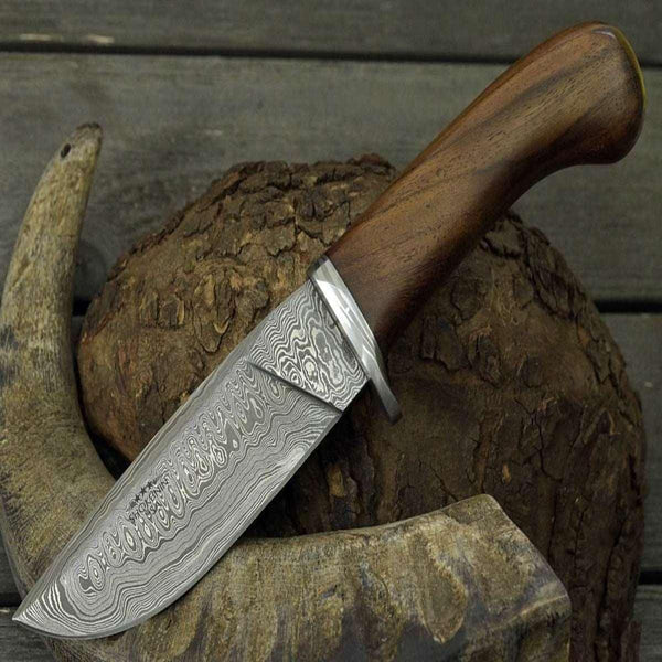 Clemence Damascus Engraved Hunting Knife with Exotic Rose Wood handle & Sheath - Gifts for You 'n Me