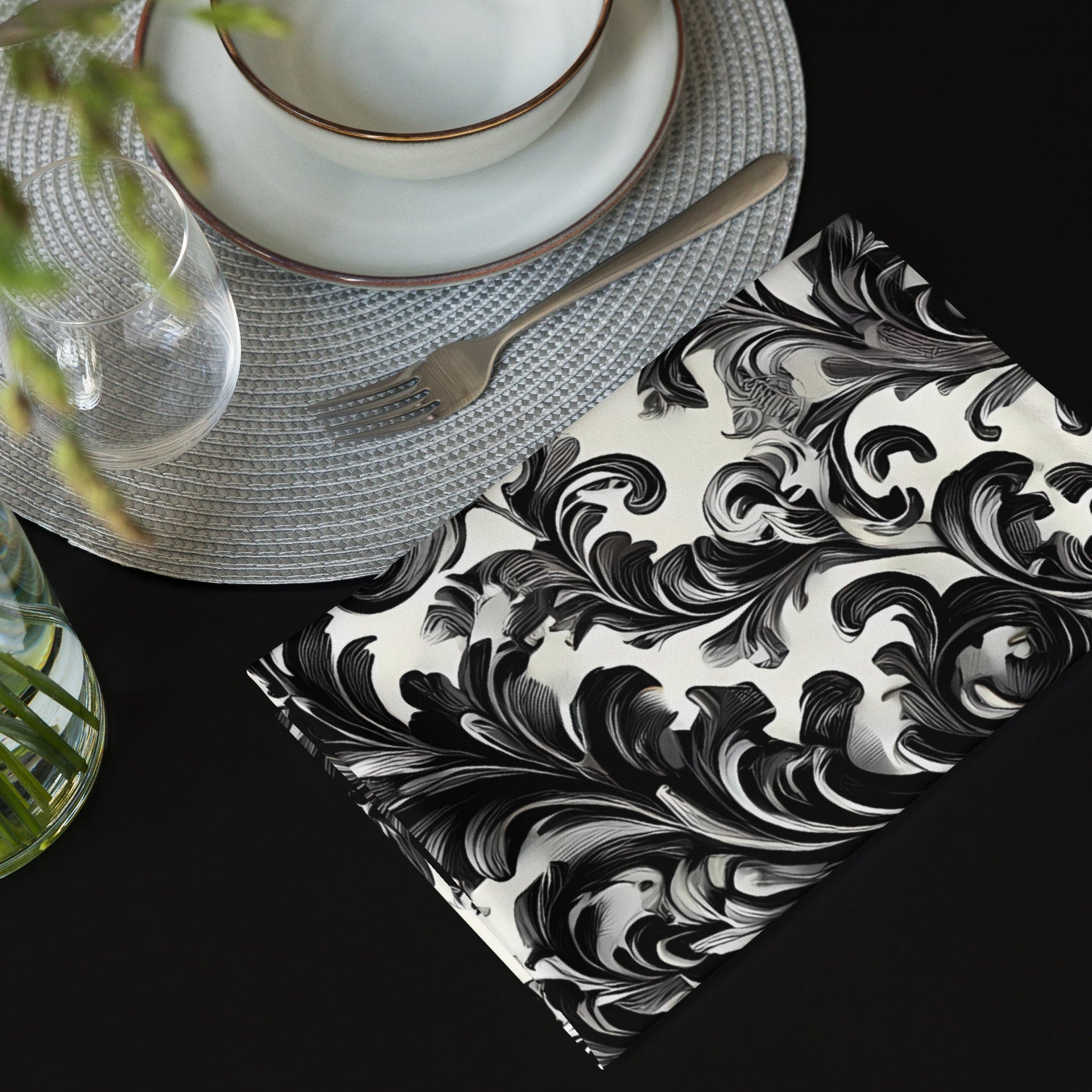 Black and White Damask Cloth Napkin Set - Elegant Reusable Fabric Napkins for Dining, Wedding, and Home Décor